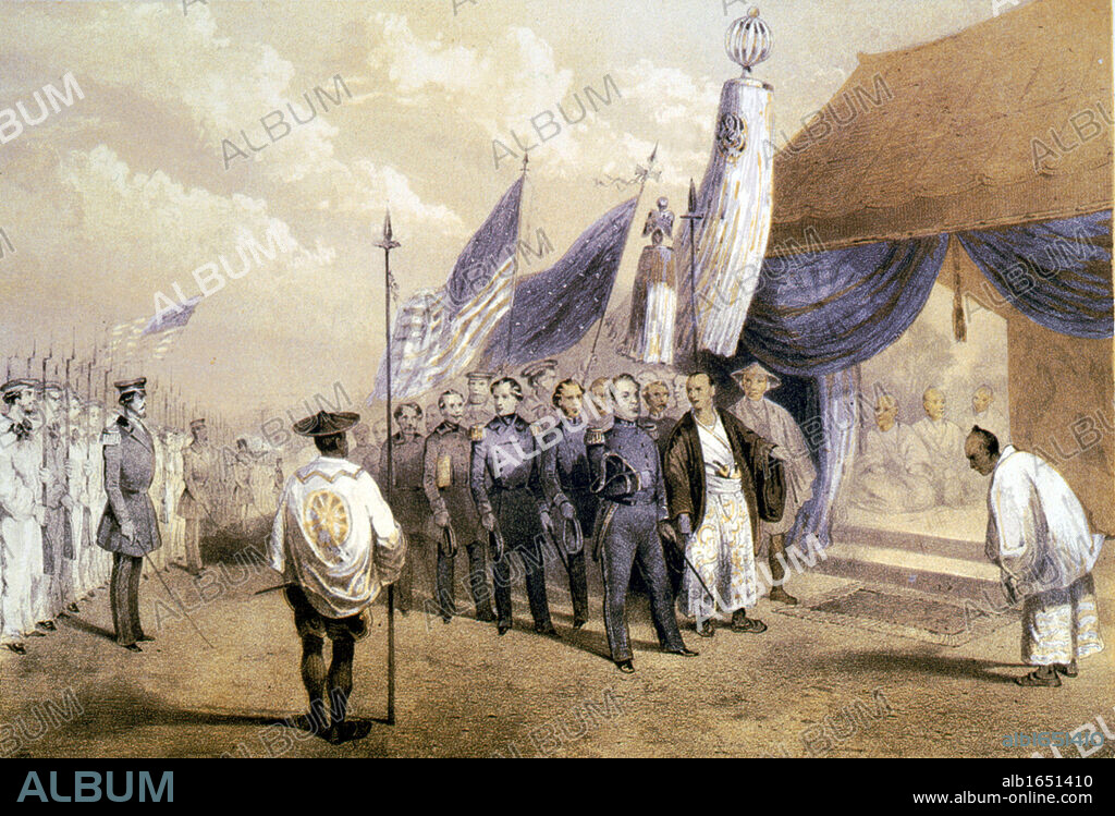 Opening up of Japan. US Navy Commodore Matthew Perry (1794-1858) meeting with the Imperial Commissioners at Yokohama. Perry signed Convention of Kanagawa on 31 March 1854. Lithograph 1856. Trade Commerce America.