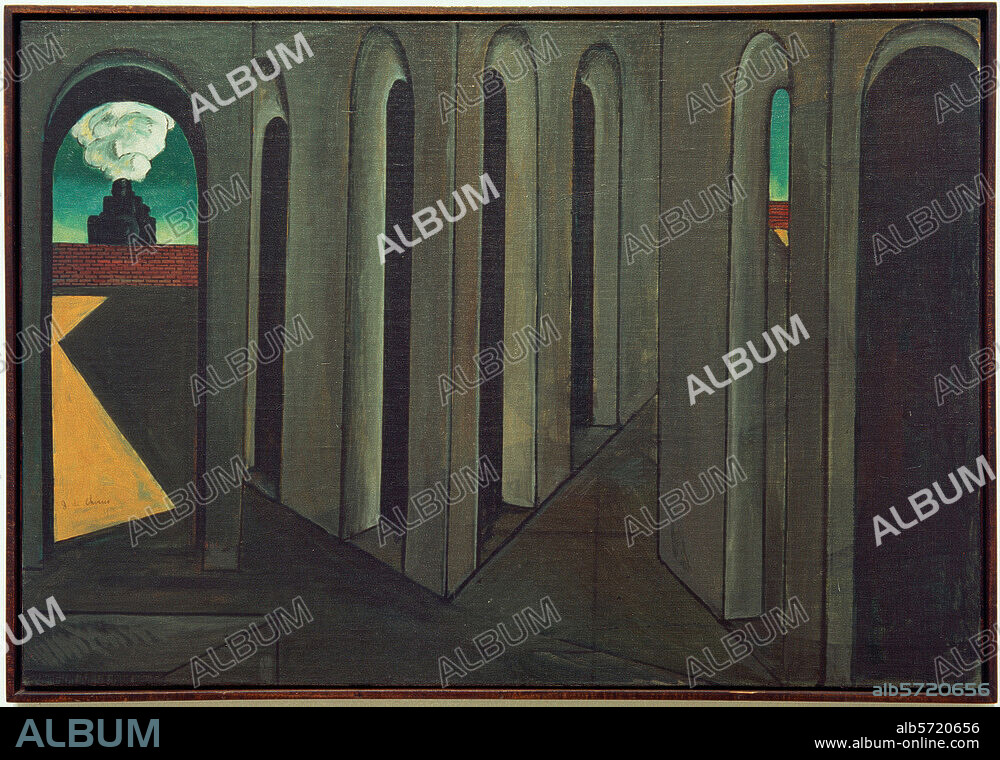GIORGIO DE CHIRICO. Chirico, Giorgio de peintre italien. 1888-1978. "Le voyage émouvant". (Il viaggio inquietante), 1913. Huile sur toile, H. 0,743; L. 1,067. New York, Museum of Modern Art.