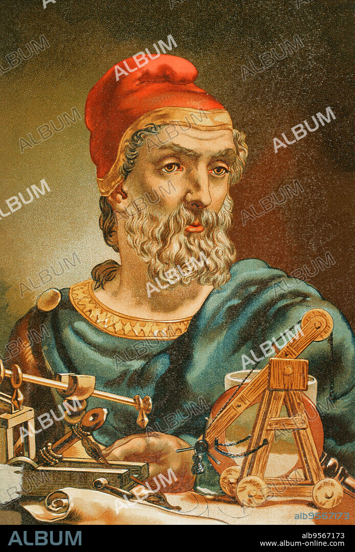 Arquímedes (287 a.C. - 212 a.C.). Matemático e inventor griego. Retrato. Cromolitografía. Historia Universal, por César Cantú. Tomo III, 1882.