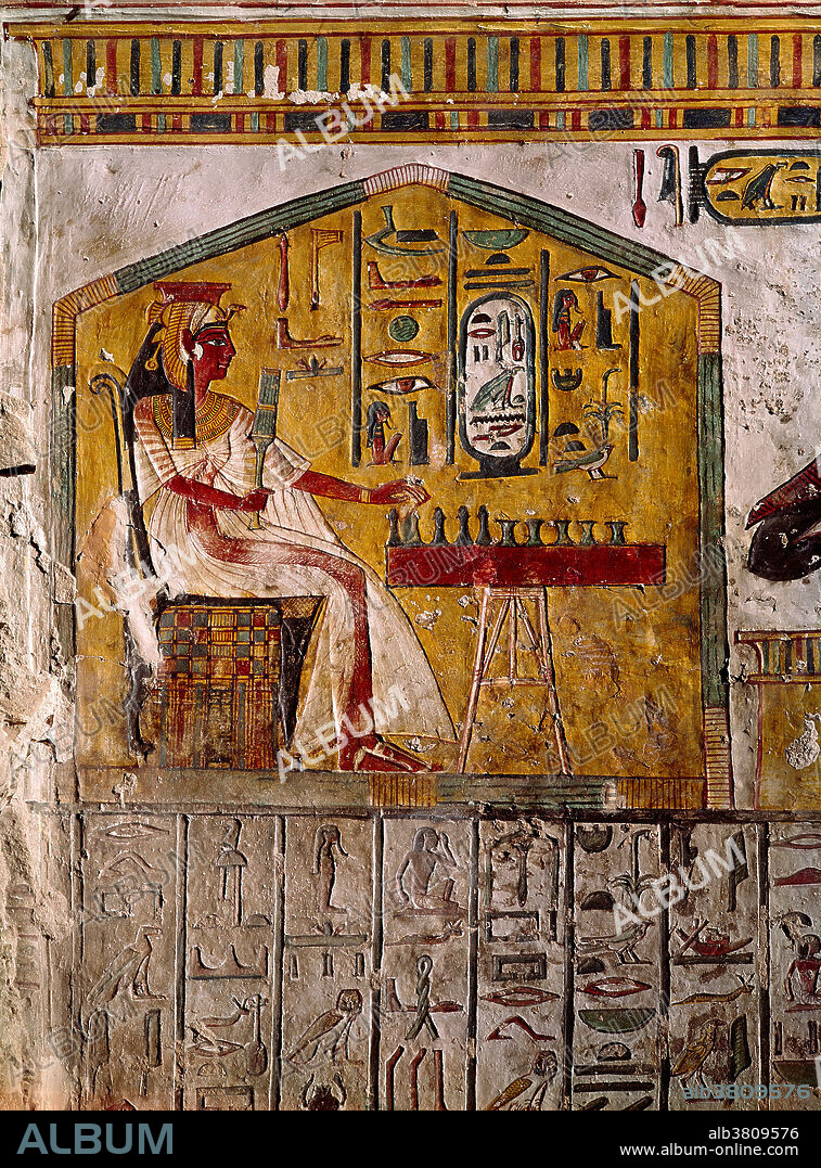 Tomb bas-relief of Nefertari (Nefertari Merytmut or Mut-Nefertari) (c. 1290-1255 BC), wife of Ramses II (Ramses the Great), playing chess, Valley of the Queens, near Luxor, Egypt.