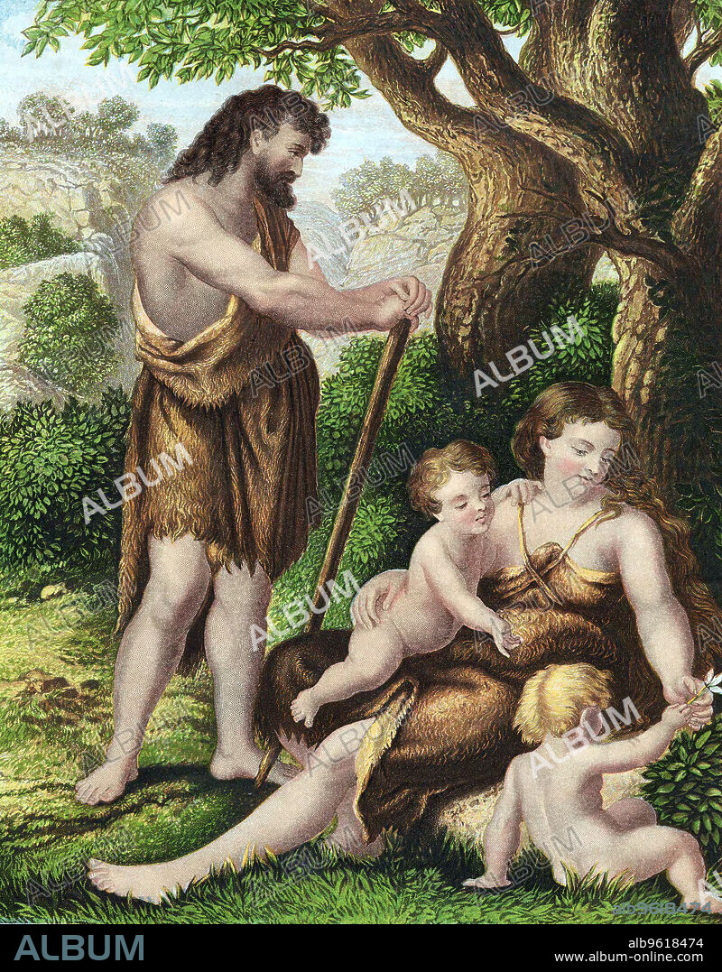 Adam and Eve with their sons Cain and Abel, resting in the wilderness, c1860. Adam and Eve were banished from the Garden of Eden after being tempted by the Serpent to eat the forbidden fruit of the Tree of Knowledge. From the Bible (Genesis 3).