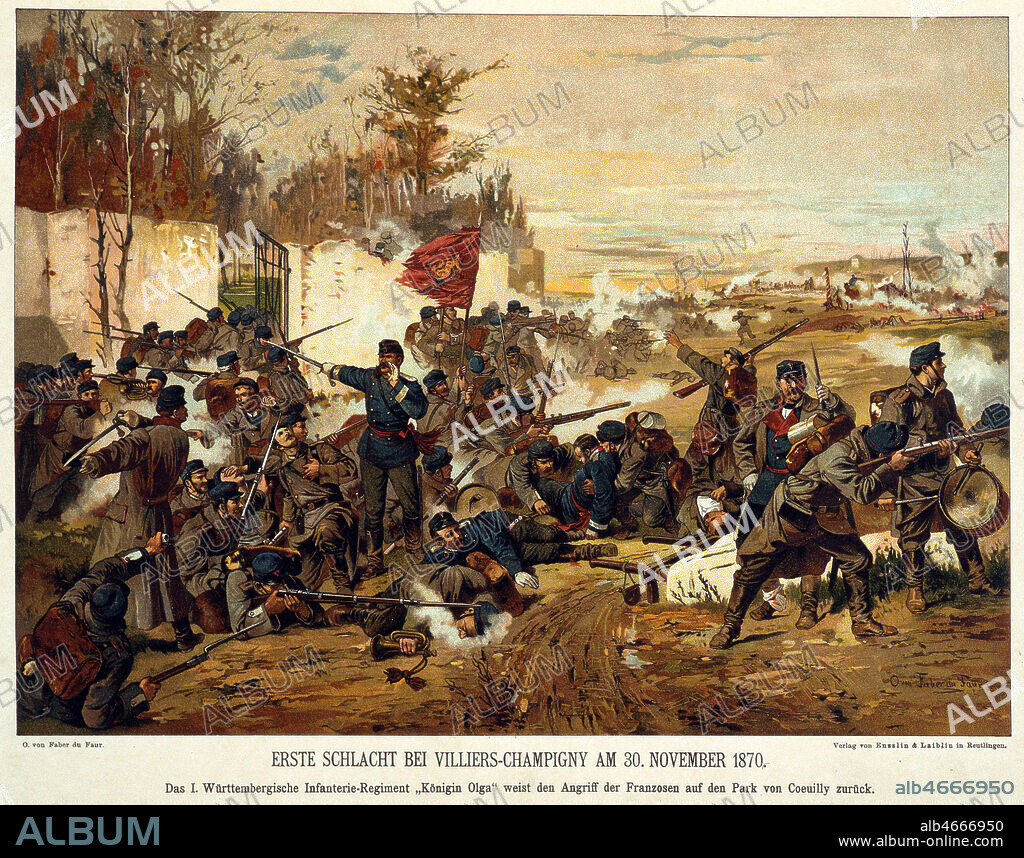 Bataille de Villiers-Champigny le 30 novembre 1870. Chromolithographie tiree de l'ouvrage Der Deutsch Franzosische Krieg publie par Egmont Fehleisen en 1871. Credit : Collection Jonas/KHARBINE-TAPABOR.