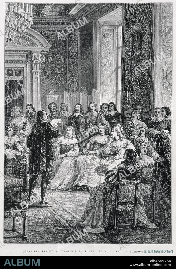 Pierre CORNEILLE (1606-1684) lisant sa tragedie de Polyeucte a l'Hotel de Rambouillet chez Catherine de RAMbouillet, premiere femme a tenir un salon litteraire a Paris au 17e s. Elle titent son salon avec sa fille Julie. Gravure de Philippoteaux (1815-1884) in Histoire de France par Guizot de 1878. Credit: Coll. Jonas/KHARBINE-TAPABOR.