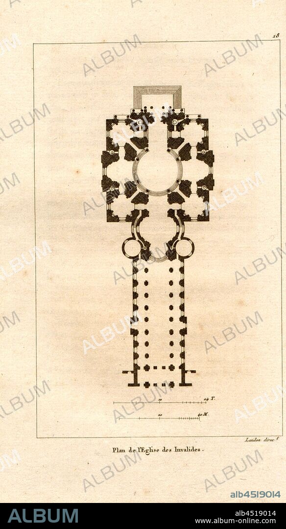 Plan of the Invalides Church, Floor plan Invalidendom in Paris, 18, after p. 92, p. 137, Landon (direxit), J. G. Legrand; C. P. Landon: Description de Paris et de ses édifices: avec un précis historique et des observations sur le caractère de leur architecture, et sur les principaux objets d'art et de curiosité qu'ils renferment. Seconde édition, corrigée avec soin dans toutes ses Parties, et considérablement augmentée. Bd. 1. Paris. Strasbourg. Treuttel et Würtz, 1818.