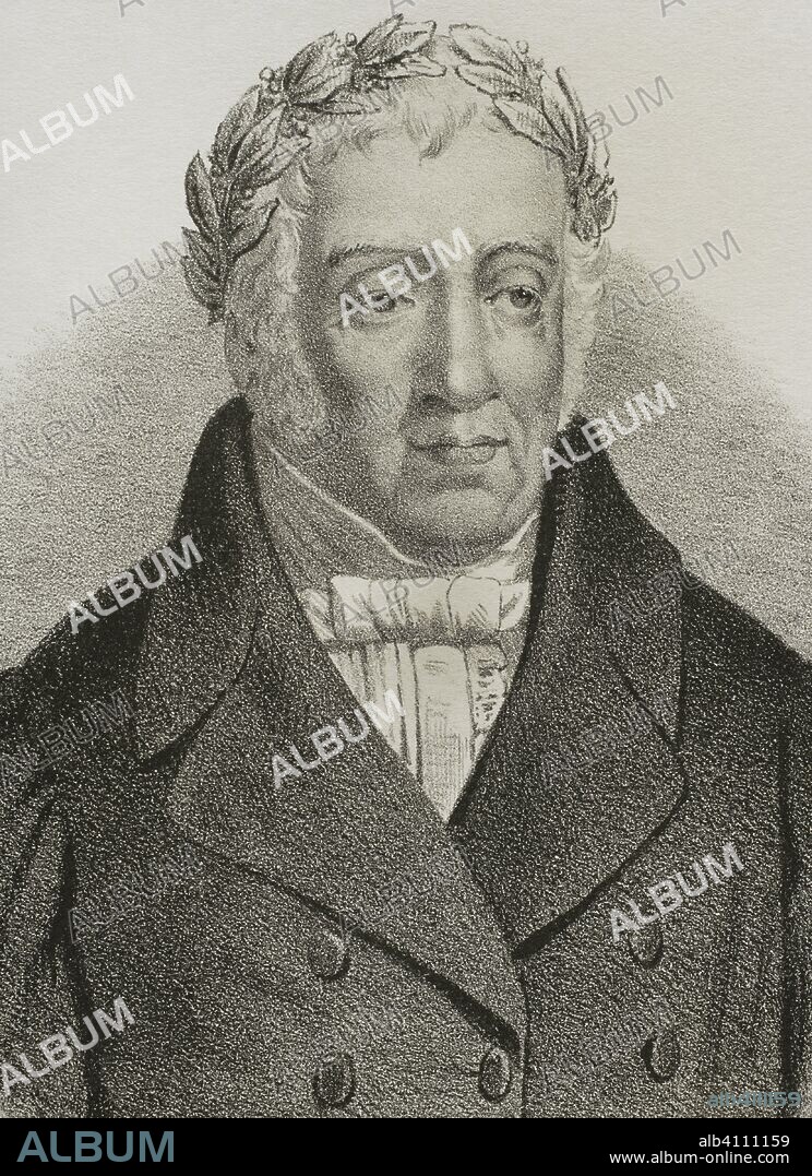 Manuel José Quintana (1772-1857). Poeta español de la Ilustración y una de las figuras más importantes en la etapa de transición al Romanticismo. Dibujo por Llanta, detalle. Litografía. Crónica General de España, Historia Ilustrada y Descriptiva de sus Provincias. Castilla-La Nueva, 1869. Biblioteca Histórico Militar de Barcelona, Cataluña, España.