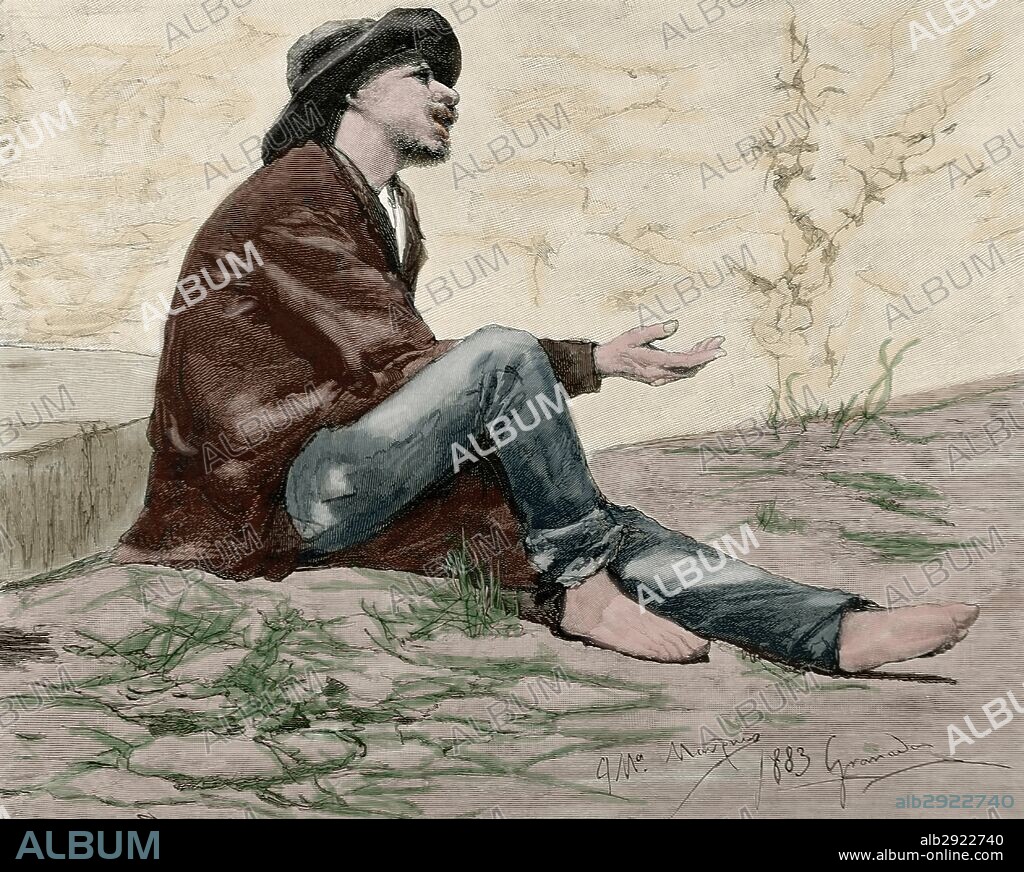 Spanish society. Beggar. Granada city. Andalusia. Drawing by Jose Maria Marques (1862-1936). Engraving by Sadurni. La Ilustracion Artistica, 1884. Colored.