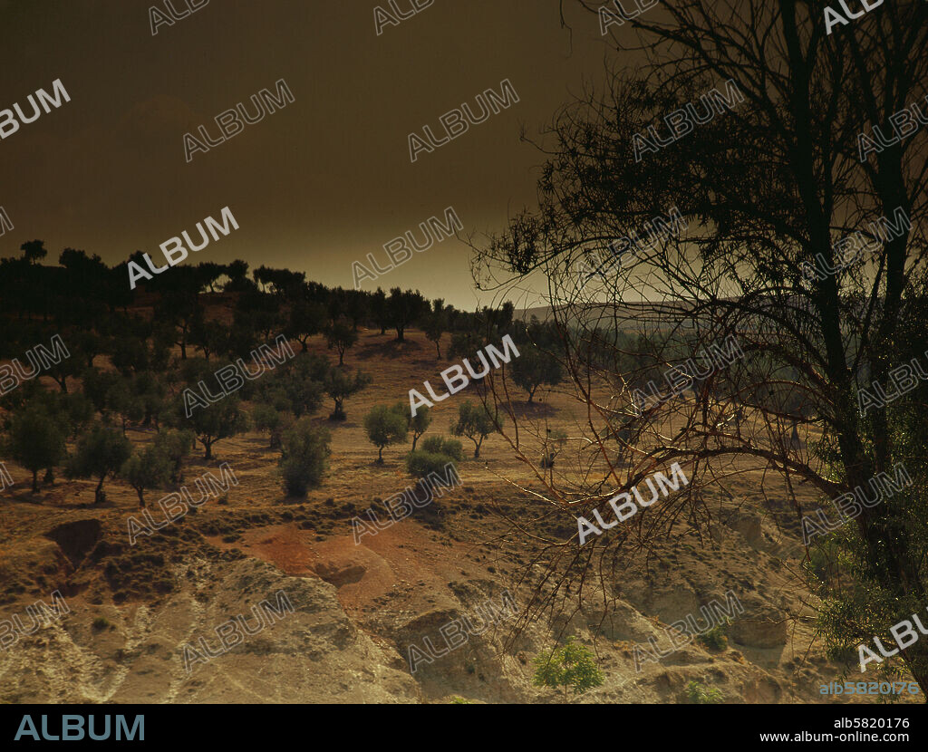 Landscape near Thebes, the so-called Field of Cadmus, founder of Thebes. According to Greek myths, Cadmus sowed the Giants here.