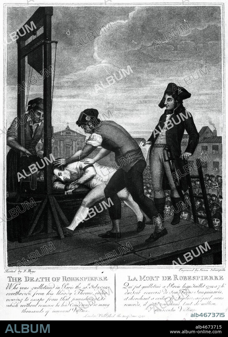 La mort de Maximilien de ROBESPIERRE (1758-1794) qui fut guillotine a Paris. Gravure de James IDNARPILA Credit : Collection CL/KHARBINE-TAPABOR.