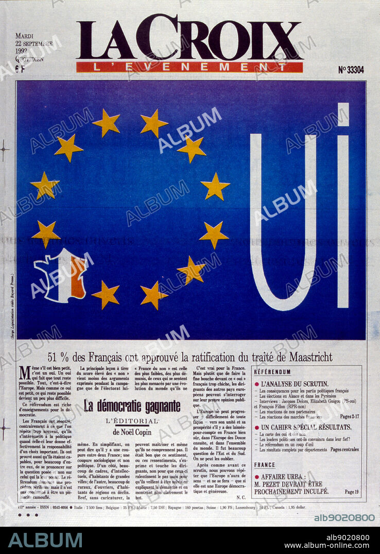 Cover of the French newspaper 'La Croix' concerning the referendum on the Maastricht Treaty, held in France, in September 1992. It was approved by only 51% of the voters. The result of the referendum, known as the ""petit oui"", along with the Danish ""No"" vote are considered to be signals of the end of the ""permissive consensus"" on European integration which had existed in most of continental Europe until then. From this point forward issues relating to European integration were subject to much greater scrutiny across much of Europe, and overt euro scepticism gained prominence. Only France, Ireland and Denmark held referendums on Maastricht ratification.".