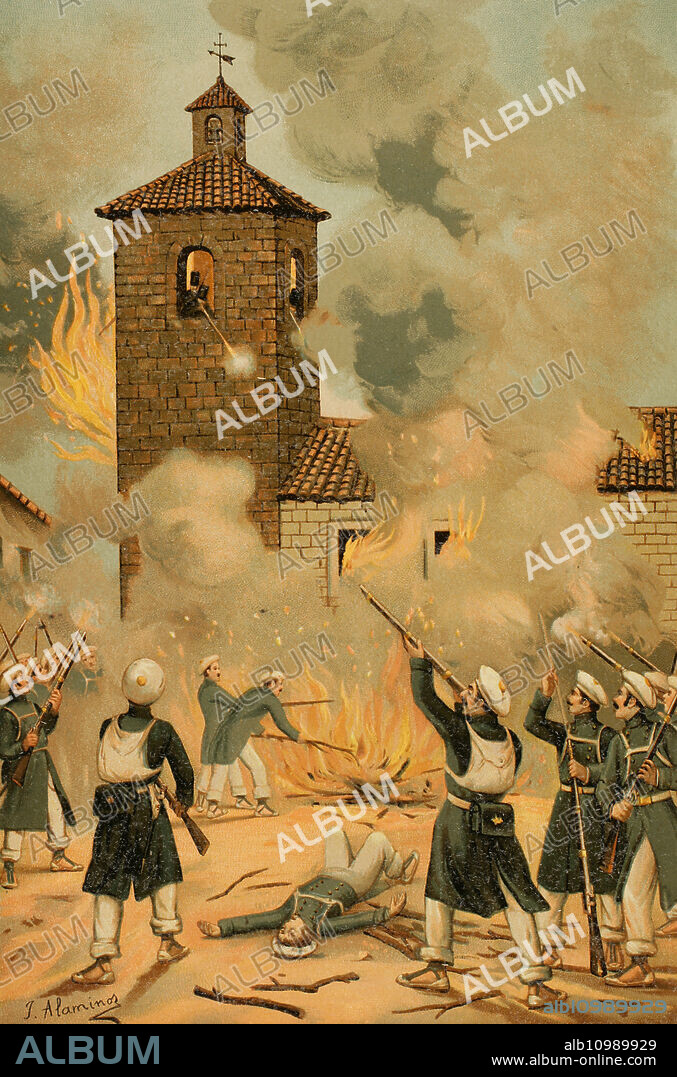 JUAN ALAMINOS. SPANISH ARTIST OF THE SECOND HALF OF THE 19TH CENTURY.. Historia de España. Primera Guerra Carlista (1833-1840). Los días 6 y 7 de agosto de 1835 el general Cabrera ordenó atacar en distintos lugares con el objetivo de distraer al ejército liberal. Los cabecillas carlistas Quilez y José Miralles de Benasal, llamado "el Serrador", entraron el 6 de agosto, con más de mil quinientos soldados, en la localidad de Albocácer (provincia de Castellón). La escasa guarnición local, compuesta de un total de veintiocho hombres pertenecientes al primer batallón de voluntarios de Valencia, al mando del subteniente Liborio Lassantas, se replegó en la iglesia desde donde llevaron a cabo una dificil resistencia. Defensa heróica de Albocácer. Ilustración por J. Alaminos. Cromolitografía. "Historia de la guerra civil y de los partidos liberal y carlista", por Antonio Pirala. Tomo I. Madrid, 1889.