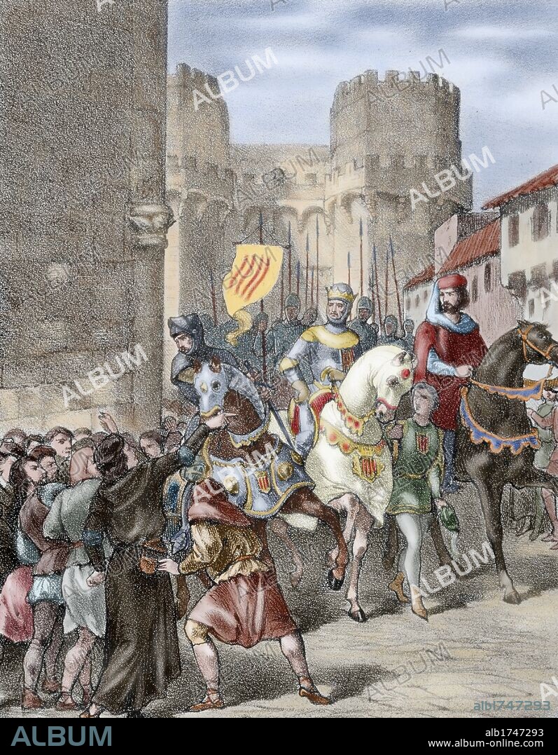 PEDRO IV DE ARAGON Y III DE CATALUÑA, llamado "El Ceremonioso" (Balaguer,1319-Barcelona,1387). Rey de la Corona de Aragón (1336-1387), hijo de Alfonso el Benigno y Teresa de Entença. En un primer momento cedió a la imposición de los nobles aragoneses y valencianos, pero con ayuda de Catalunya en 1348 los venció. "ENTRADA DE PEDRO IV EN VALENCIA". Grabado coloreado del s. XIX.