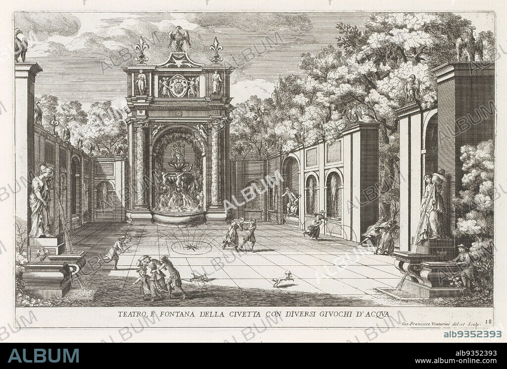 Fountain of the Owl in the gardens of the Villa d'Este at Tivoli, Teatro e fontana della civetta con diversi giuochi d'acqua (title on object), Le fontane del giardino Estense in Tivoli (series title), Fountains in the gardens of the Villa d'Este at Tivoli (series title), Fountain of the Owl (Fontana della Civetta) where water pressure was used to produce bird sounds. On the fountain and on the surrounding wall are the eagles and lilies of the coat of arms of Cardinal Ippolito II d'Este. Numbered lower right: 18. The print is part of an album., print maker: Giovanni Francesco Venturini (mentioned on object), Giovanni Francesco Venturini (mentioned on object), Italy, 1653 - 1691, paper, etching, height 219 mm × width 330 mm.