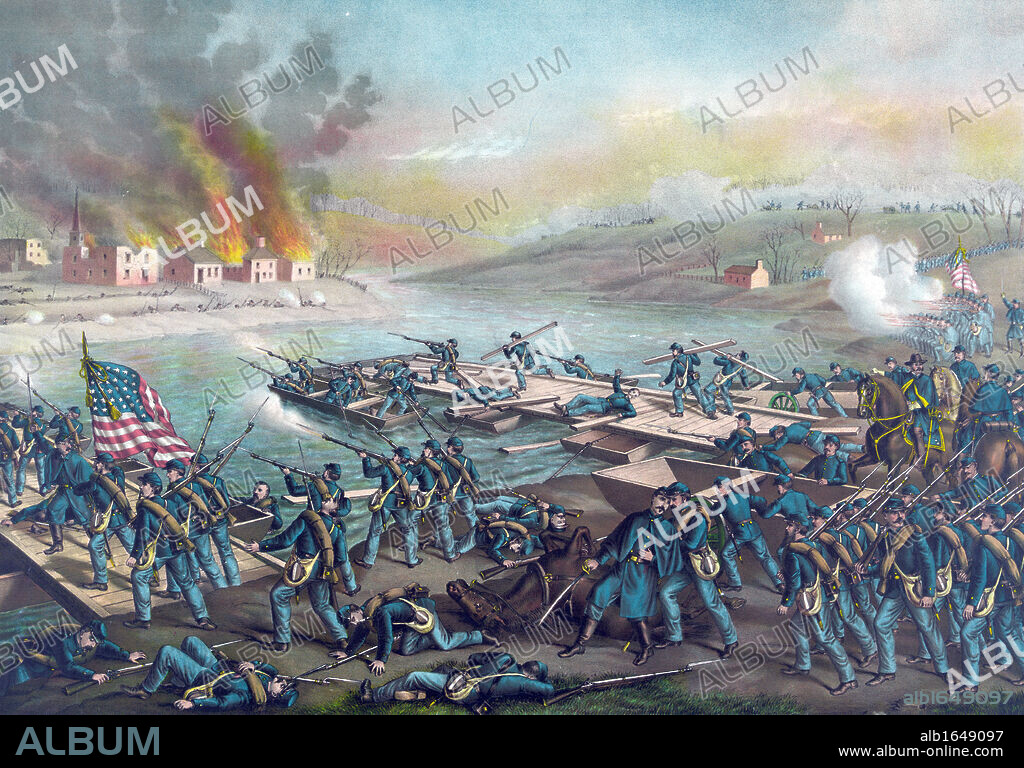 American Civil War 1861-1865: Battle of Fredericksburg, Virginia, 11-15 December 1862. Army of the Potomac (Union) under Burnside crossing the Rappahannock, 13 December. Confederate victory under Lee. Kurz & Allison c1888.