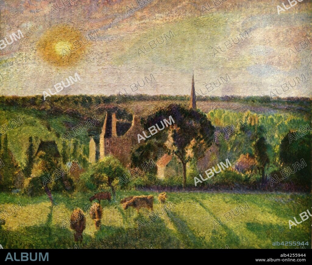 'Landscape at Eragny', 1897, (1939). 'Paysage à Eragny'. Cows grazing outside a village in northern France. Painting in the Musée d'Orsay, Paris. From "Camille Pissarro", by John Rewald. [Collins, London, 1939].