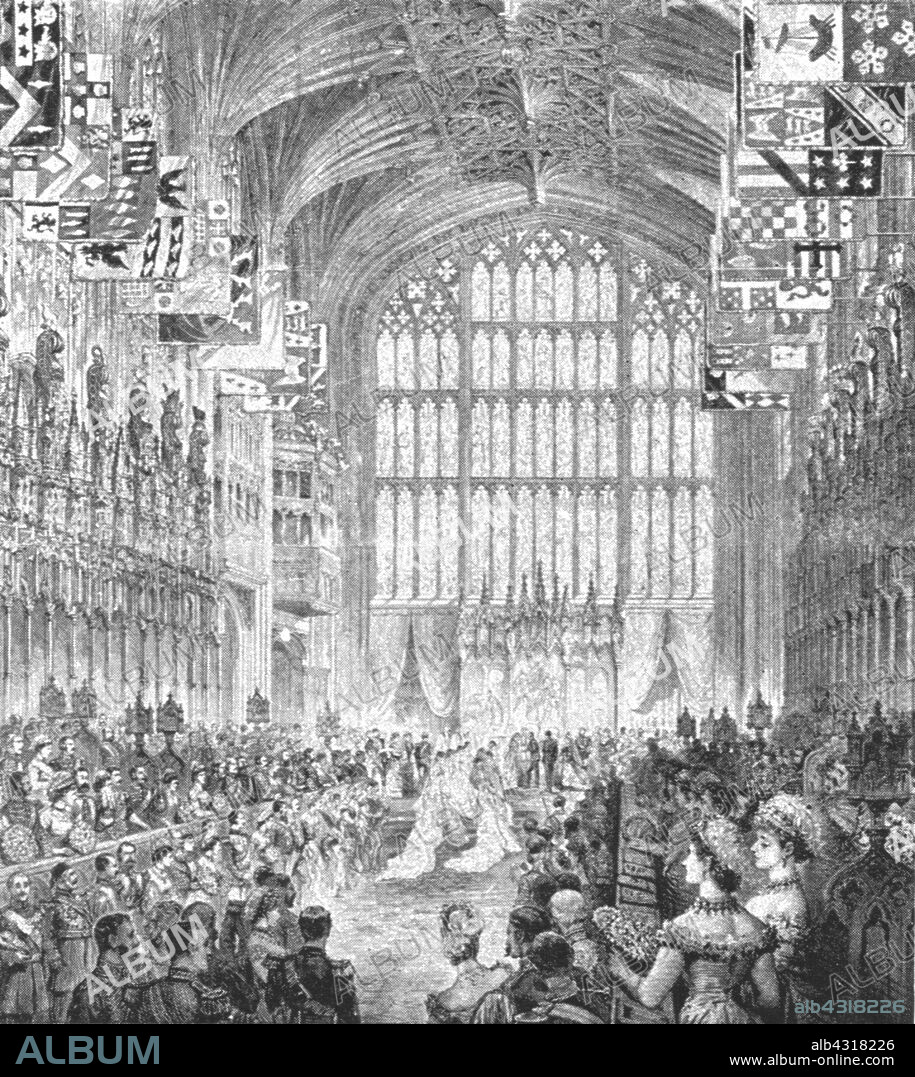 'The Marriage of The Duke of Albany with Princess Helene of Waldeck-Pyrmont in St. George's Chapel, Windsor, April 27, 1882', (1901). Prince Leopold (1853-1884), a son of Queen Victoria, married Princess Helena of Waldeck and Pyrmont (1861-1922) at St George's Chapel in Windsor Castle. From "The Illustrated London News Record of the Glorious Reign of Queen Victoria 1837-1901: The Life and Accession of King Edward VII. and the Life of Queen Alexandra". [London, 1901].
