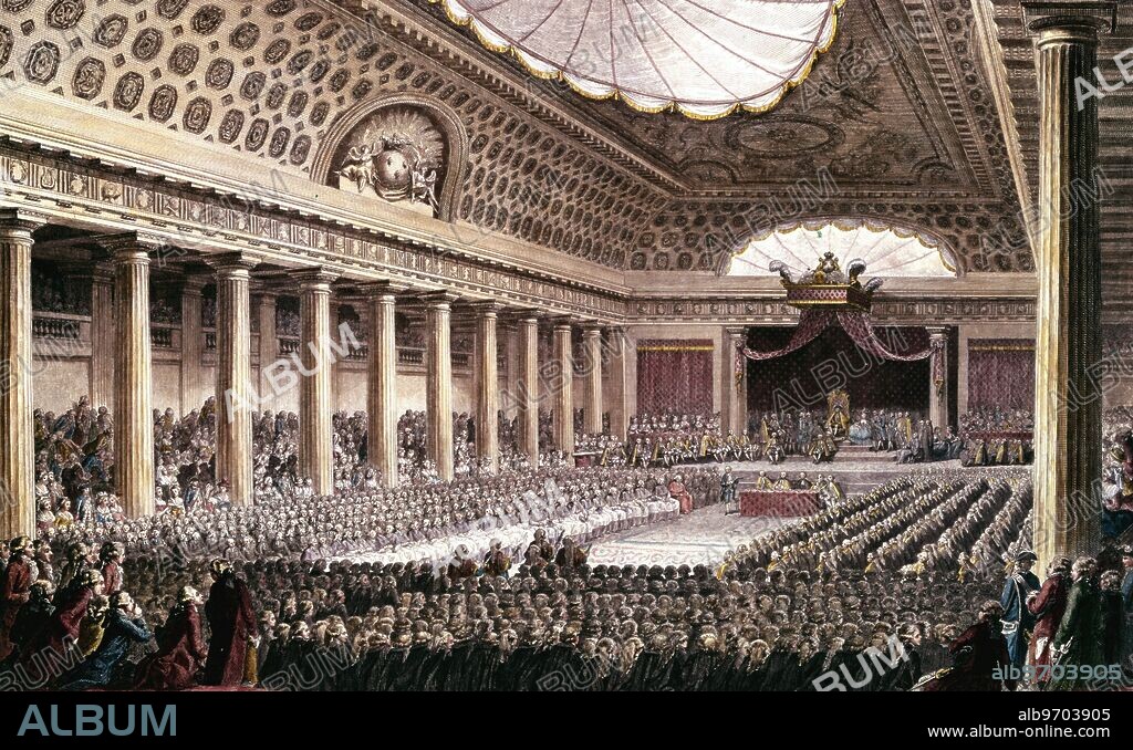 Ouverture des Etats Generaux 1789. Opening of the Estates General at Versailles 5 May 1789 from Tableaux historiques de la Revolution Francaise, Historical Tableaux of the French Revolution - 578 deputies of the Third Estate. Jan Bulthuis (1750-1801 (after). ©TopFoto.