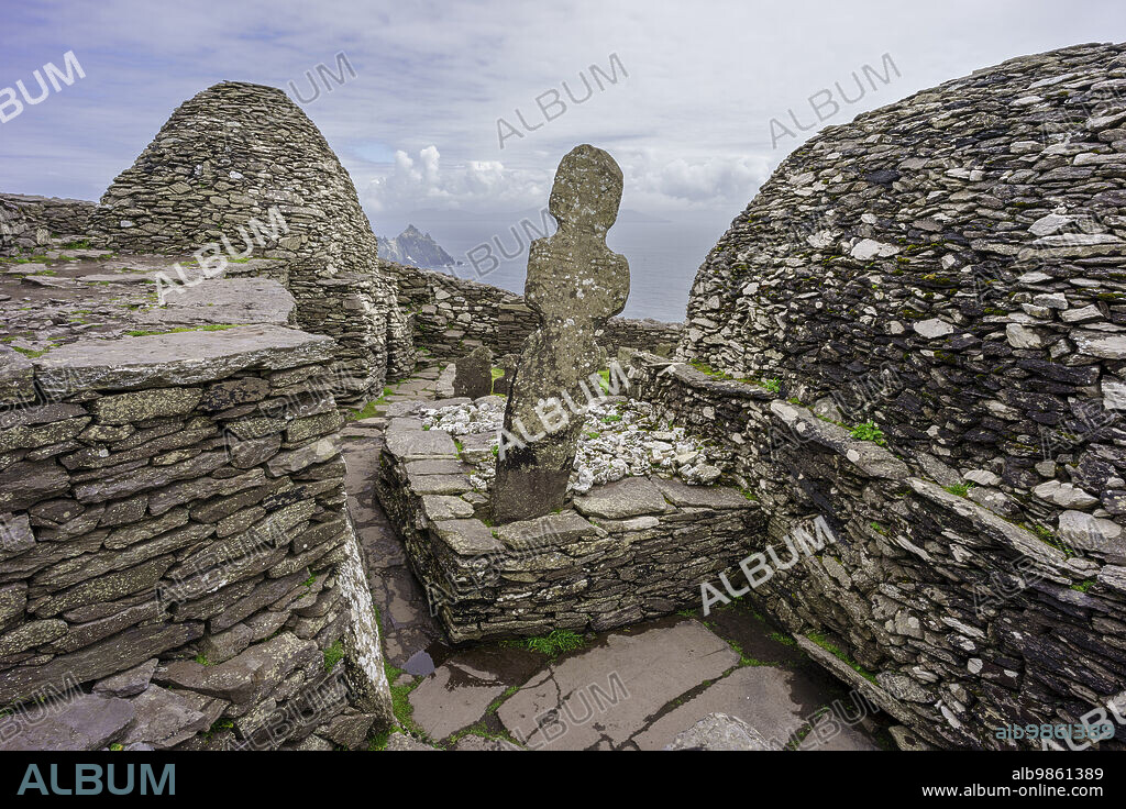monastery at the top, Skellig Michael island, Mainistir Fhionáin (St. Fionans Monastery), county Kerry, Ireland, United Kingdom.