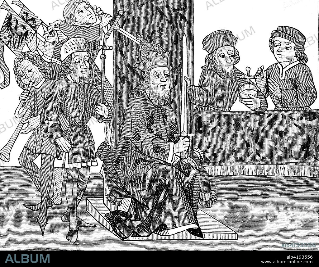 Burggraf Friedrich kneels in front of the Emperor and holds the fief flag that has just been received, digital improved reproduction of an original print from the 19th century.