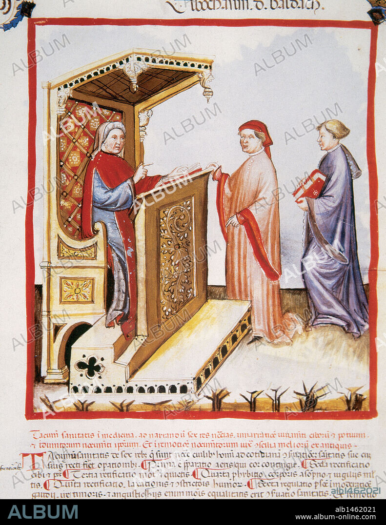 IBN BUTLAN (ELBOCHASIM DE BALDACH) (m. 1038). Médico iraquí, autor del "TAQWIM AL-SIHHAH" (TABLAS DE SALUD). En él se basaría el "TACUINUM SANITATIS", manual de salud, fechado antes del año 1400, que detalla los aspectos más importantes de los alimentos, bebidas y vestuario. "IBN BUTLAN CON DOS DE SUS PUPILOS". Miniatura del TACUINUM SANITATIS. Folio 4r.