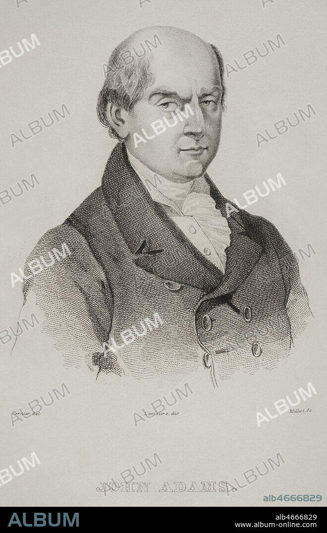 John Adams (1735-1826). Político estadounidense y segundo presidente de los Estados Unidos de América (1797-1801). Grabado por Vernier. Panorama Universal. Historia de los Estados Unidos de América, por Roux de Rochelle. Edición española, impresa en Barcelona,1850.