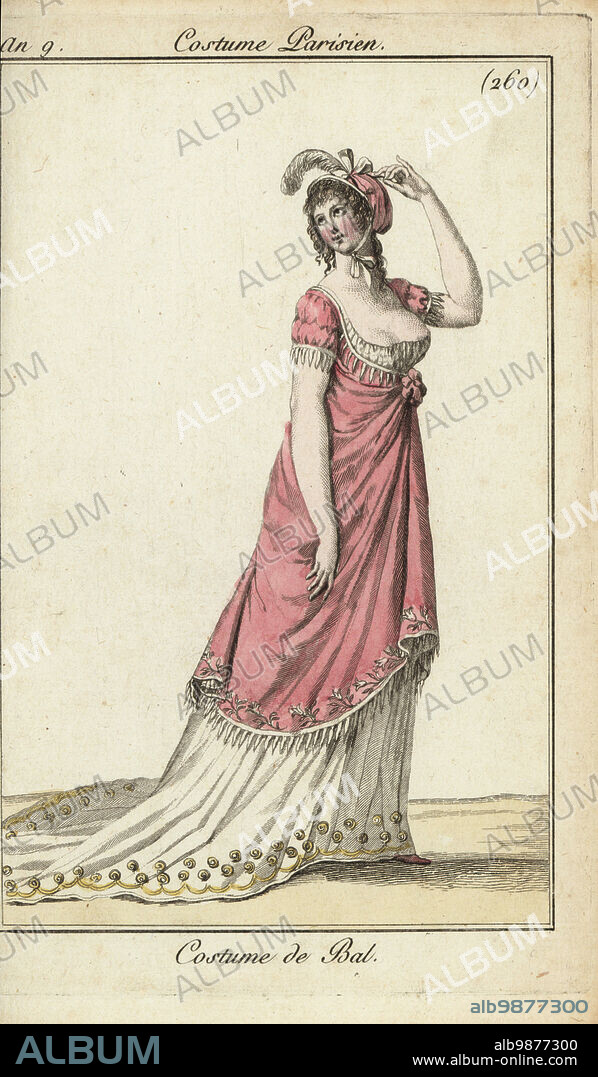 Fashionable woman in a luxury ball gown, Paris, 1800. Costume de Bal. Handcoloured copperplate engraving from Pierre de la Mesangeres Journal des Modes et Dames, Paris, 1800. The illustrations in volume 4 were by Carle Vernet, Bosio, Dutailly and Philibert Louis Debucourt.