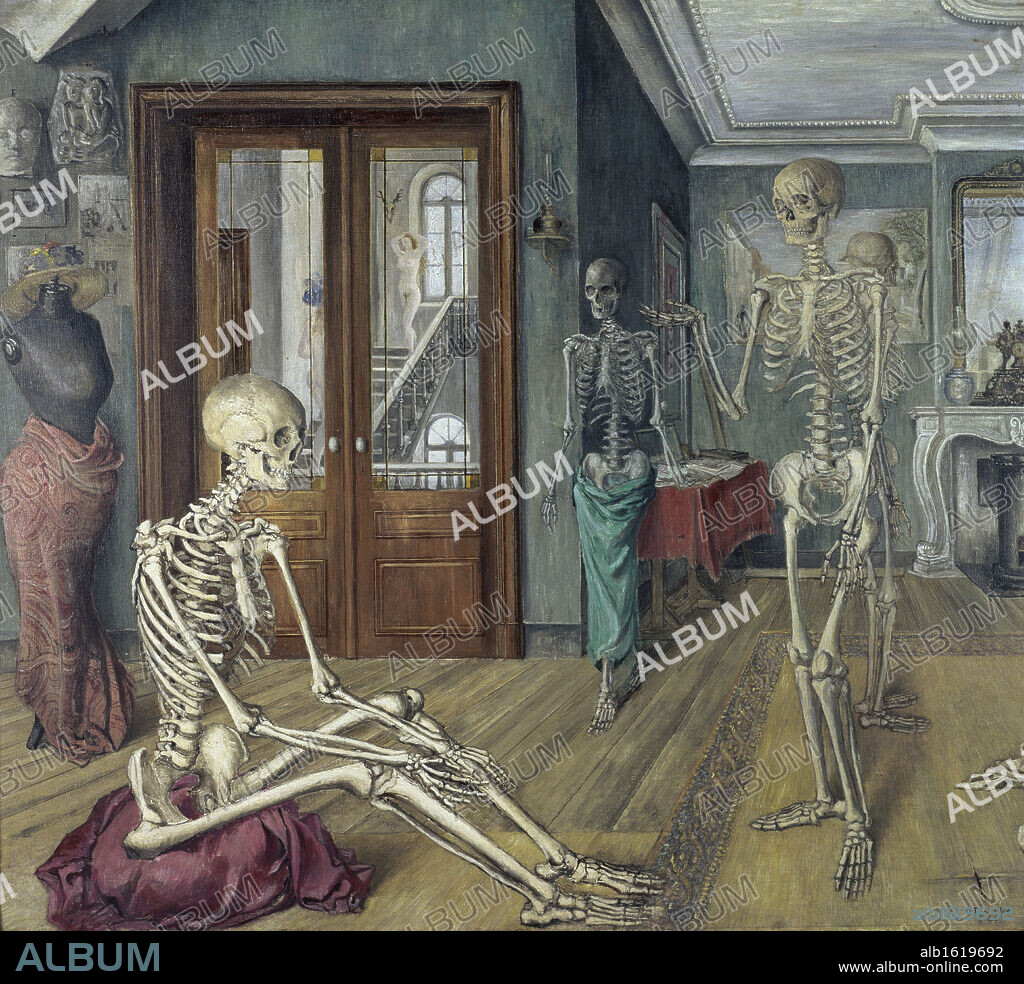 The Tall Skeletons by Paul Delvaux, 1944, Private Collection.