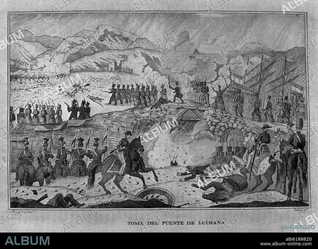 CARLOS MUGICA Y JULIO DONON. TOMA DEL PUENTE DE LUCHANA DURANTE LA PRIMERA GUERRA CARLISTA 1837 - GRABADO SIGLO XIX.