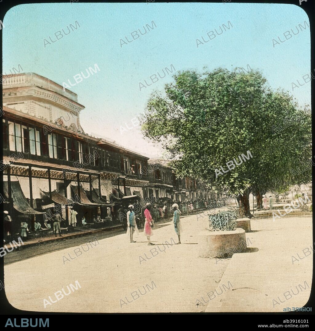 Chandni Chowk, Delhi, India, late 19th or early 20th century. The major street in the walled city of Old Delhi, Chandni Chowk has been the site of a market since the mid 17th century. Lantern slide.