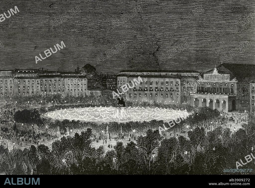 Historia de España. Restauración Borbónica. Reinado de Alfonso XII (1874-1885). Madrid, 20 de marzo de 1876. Celebraciones con motivo de la finalización de la Tercera Guerra Carlista. Iluminación de la Plaza de Oriente. Grabado por Bernardo Rico (1830-1894). La Ilustración Española y Americana, 30 de marzo de 1876. Biblioteca Histórico Militar de Barcelona, Cataluña, España.