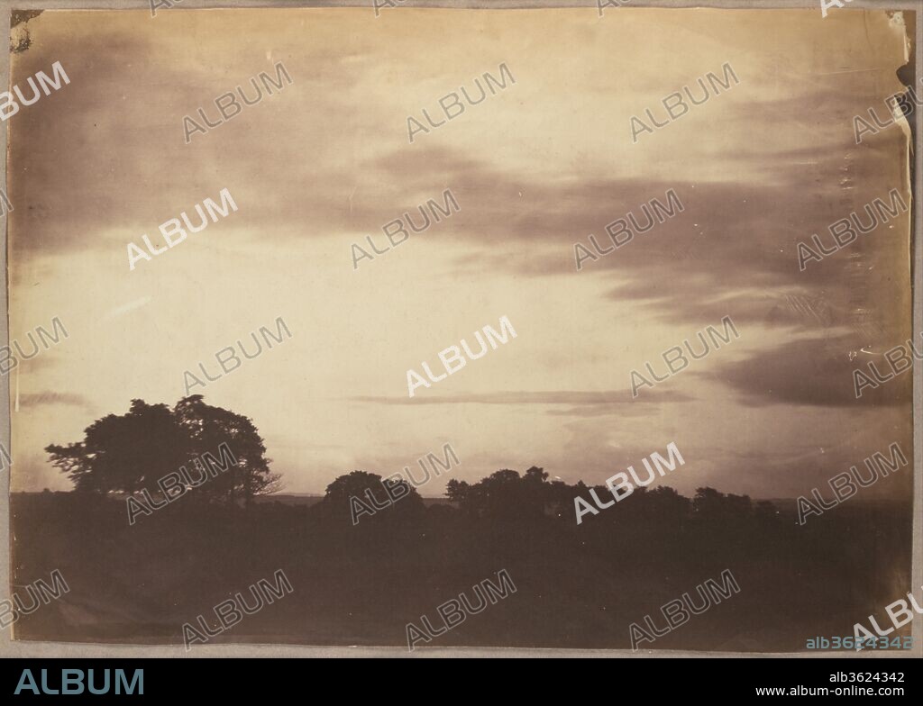 [Landscape with Clouds]. Artist: Roger Fenton (British, 1819-1869). Dimensions: Image: 31.4 x 44.3 cm (12 3/8 x 17 7/16 in.), irregular. Date: probably 1856.
The towering figure in British photography of the 1850s, Fenton championed the medium's place among the fine arts and mastered all its genres, including architecture, landscape, reportage, still life, and tableau-vivant.  Unlike the immensely popular and widely distributed seascapes of his French friend and counterpart Gustave Le Gray, with their theatrical sleight of hand (dramatic skies printed from a second negative), Fenton's expansive cloudscapes are intensely felt private meditations upon nature, printed once and kept in his personal albums.  The descendant of Constable's cloud studies and Turner's explorations of atmosphere and light, Fenton's picture is so minimal and moving that it seems to hover between the visible and the imagined.  He infused his landscapes with a distinctly English reverence for the observable world, recognizing, like Wordsworth at Tintern Abbey, "In nature and the language of the sense, / The anchor of my purest thoughts, the nurse, / The guide, the guardian of my heart, and soul / of all my moral being.".
