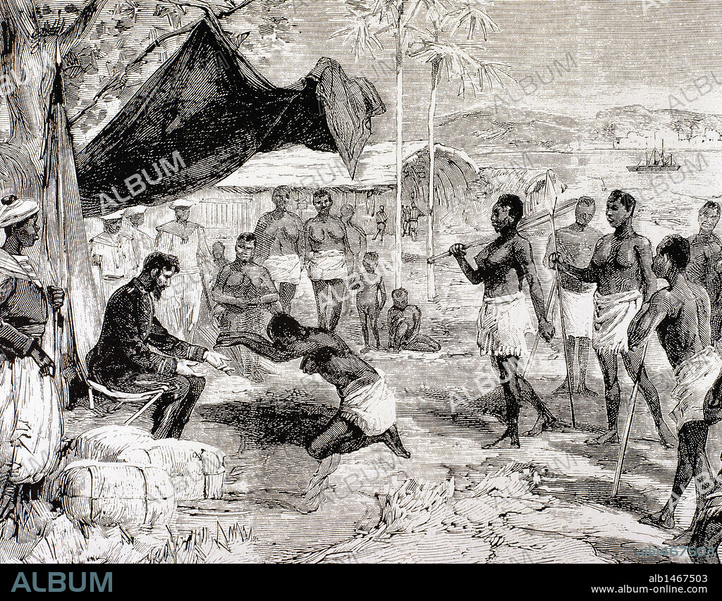 Brazza, Pierre-Paul Savorgnan de (1852-1905). French explorer and navigator of Italian origin.  Brazza trip to Ogowe and Congo. The great fetish of King Makoko welcoming Brazza. Engraving in "L'Illustration, Journel Universel".