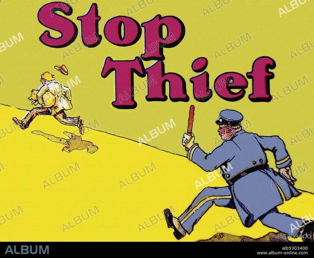 Stop Thief card game, produced by Wilder MFG. in the 1920’s.  shown on the box cover, the thief has stolen a pig and is running away from the officer who is assumingly  yelling, ‘Stop Thief’!  The Thief cards display part of this scene.  They illustrate a silly looking man dashing away with a squealing pig..