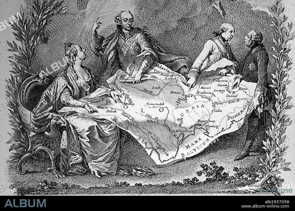 Allegory of the 1st partition of Poland, showing Catherine II of Russia (left), Joseph II of Austria and Frederick the Great of Prussia (right). The First Partition of the Polish-Lithuanian Commonwealth took place in 1772 as the first of three partitions that ended the existence of the Polish-Lithuanian Commonwealth by 1975. Dated 1795.
