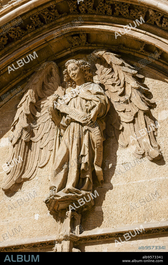 Angel, symbol of merchandise in the building La Lonja de Palma (La Llotja), 15th century, Palma de Mallorca, Balearic Islands, Spain.