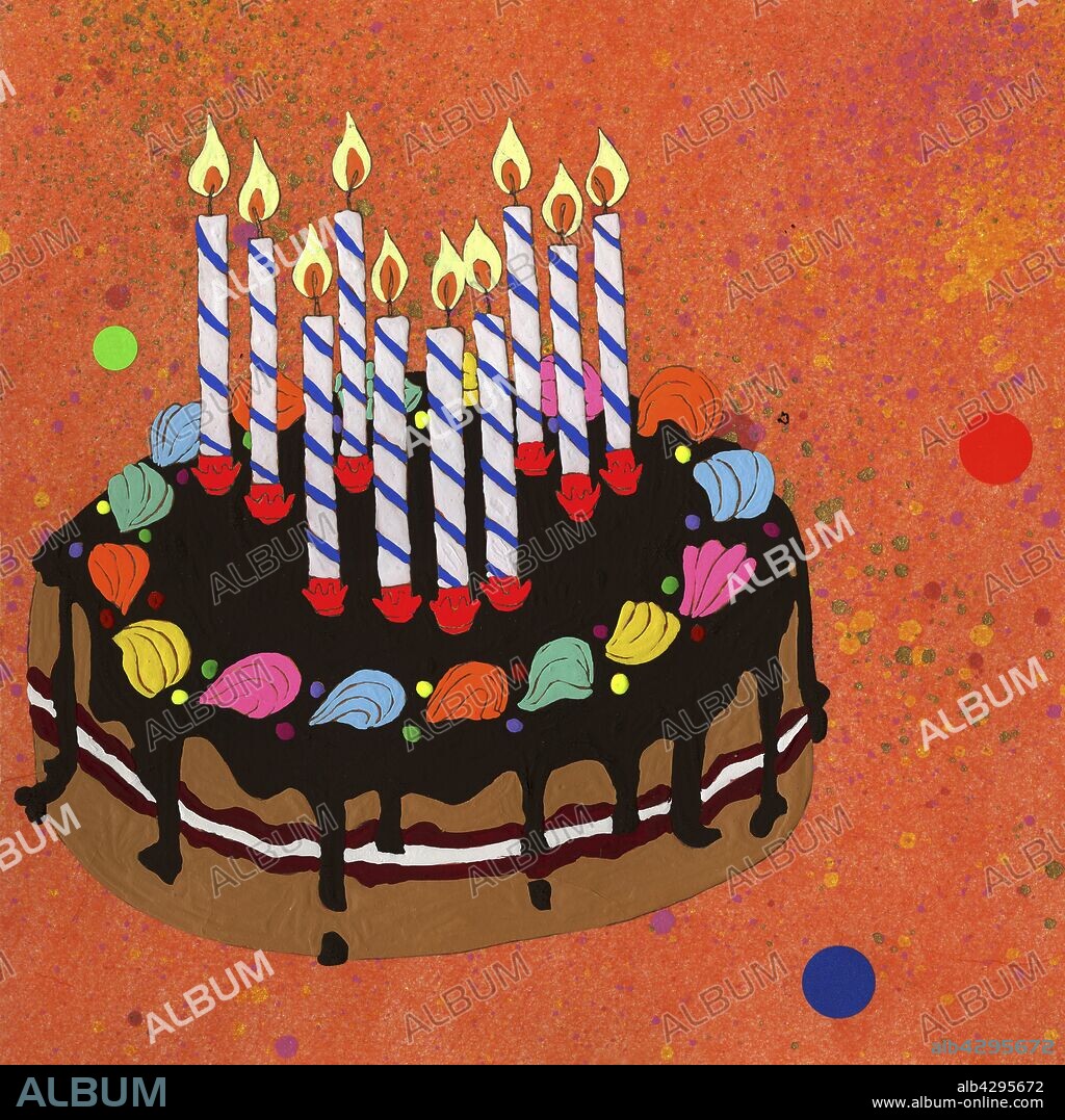 Ten candles burning on birthday cake.