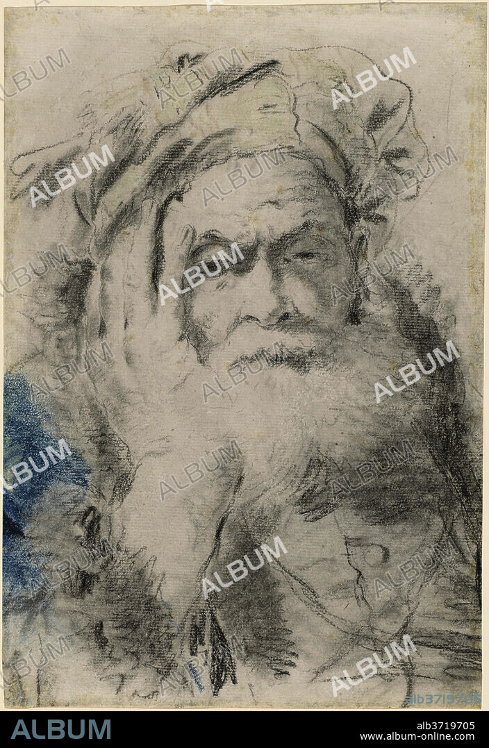LORENZO BALDISSERA TIEPOLO. A Bearded Old Man Leaning His Head on His Hand. Dated: 1755/1762. Dimensions: sheet: 39.3 × 26.9 cm (15 1/2 × 10 9/16 in.). Medium: charcoal with stumping and blue pastel.