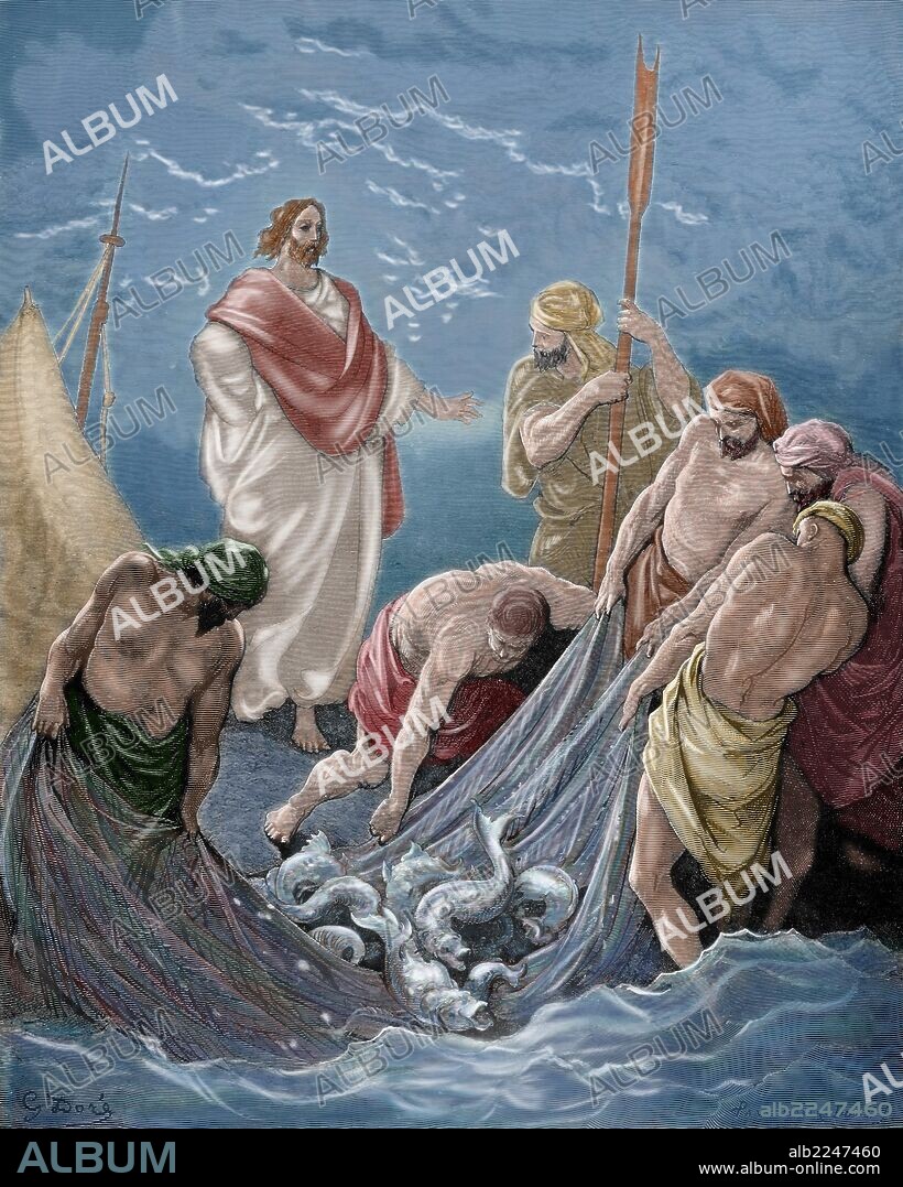 NUEVO TESTAMENTO. Jesús. "Pesca Milagrosa". Dibujo de G. Doré. Grabado de Pannemaker. Evangelio de San Lucas. Capítulo V. Versículos 4 al 10. Coloreado.