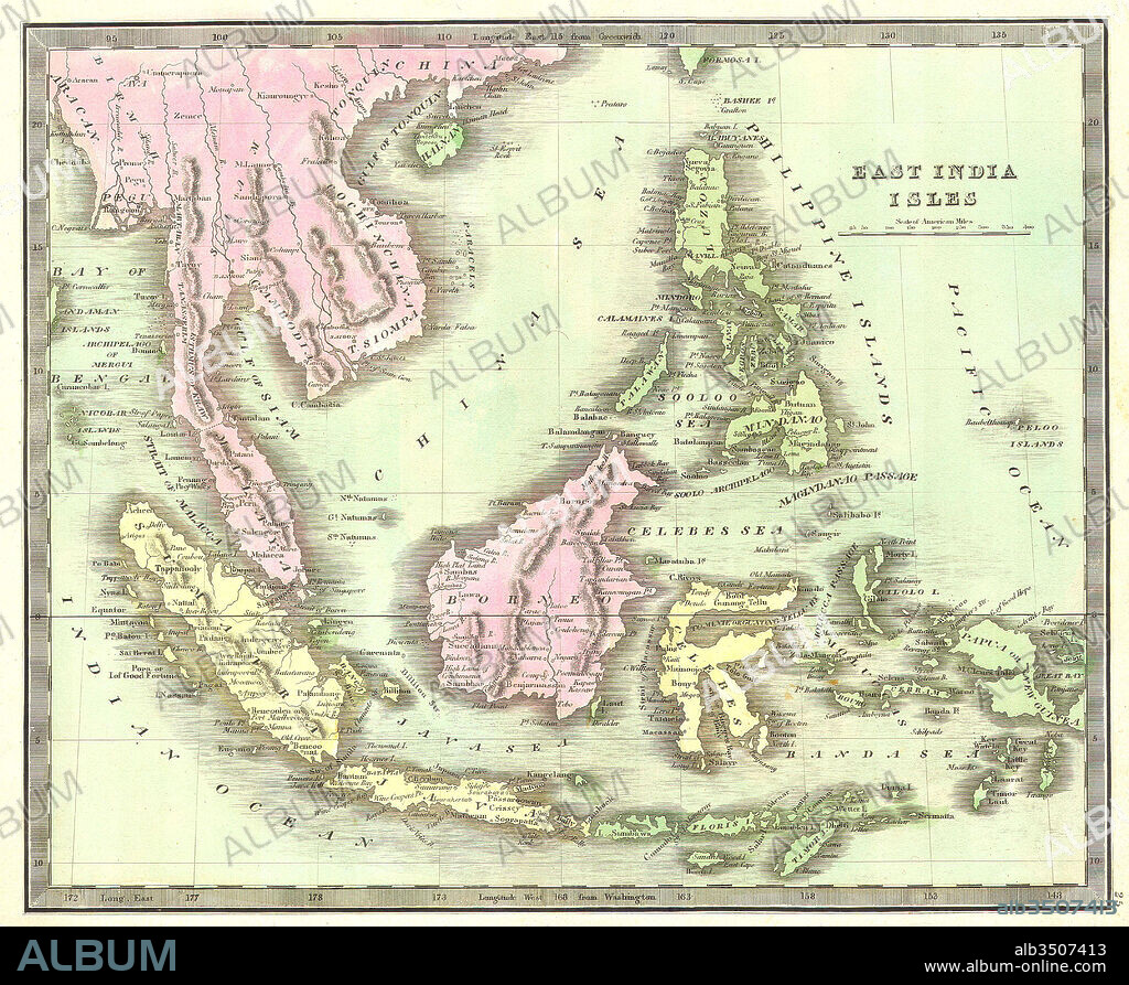 1842, Greenleaf Map of the East Indies, Borneo, Java, Sumatra, Thailand, Vietnam.