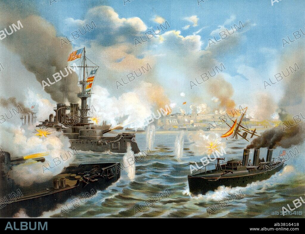 Rear Admiral Sampson, in flagship New York, put to sea from Key West. Sampson's early involvement in the conflict included his supervision of the Cuban blockade, which lasted for the duration of the war, as well as the bombardment of the city of San Juan on May 12, 1898. After this preliminary bombardment, Sampson helped lead a land-sea attack on San Juan, along with General William Shafter, taking the city. On July 1, following the successful invasion, Sampson returned to Cuba, reinforcing the blockades in Santiago and Cienfuegos. The Spanish-American War was a conflict in 1898 between Spain and the United States, the result of US intervention in the Cuban War of Independence. Published by Muller, Luchsinger & Co, 1898.