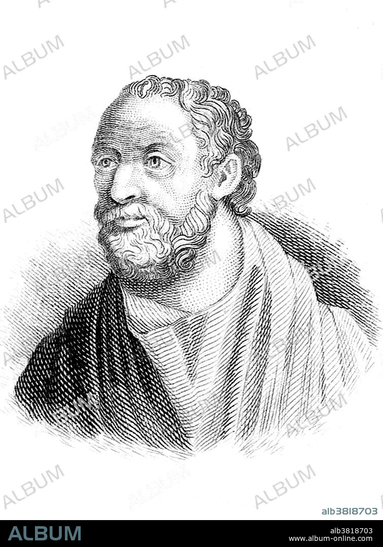 Carneades (214/3 - 129/8 BC) was Greek philosopher who headed the New Academy at Athens when anti-dogmatic skepticism reached its greatest strength. As head of the Academy, he was one of three philosophers sent to Rome in 155 BC where his lectures on the uncertainty of justice caused consternation among the leading politicians. He he delivered two public orations, in which he argued in favor of justice in one speech and argued against it in the other. This arguing on both sides of a question expressed his attitude of suspending judgment, an attitude characteristic of academic, or anti-dogmatic, skepticism. In this spirit, he criticized both Epicurean and stoic beliefs as inconclusive. Many of his arguments on this point later attained classic status. Though he left no writings, his teachings were preserved by Cleitomachus. Engraving by J.W. Cook, 1825.