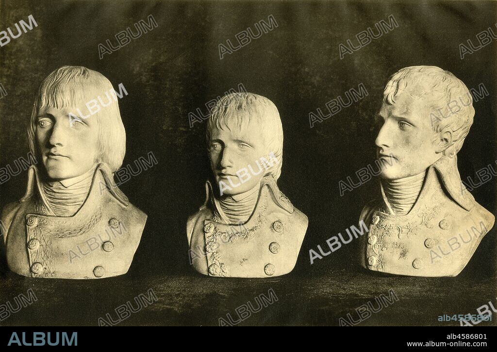 Busts of Napoleon, late 18th century, (1921). Plaster bust portraits of Napoleon Bonaparte (1769-1821). Left and centre: busts made by Louis-Simon Boizot, chief sculptor of the Sèvres factory, the first in 1798, and the second in 1799 after Napoleon's return from the Egyptian Campaign; right: bust by an unknown artist, possibly Cartellier. All made at Sèvres in France. From "Napoleon", by Raymond Guyot. [H. Floury, Paris, 1921].