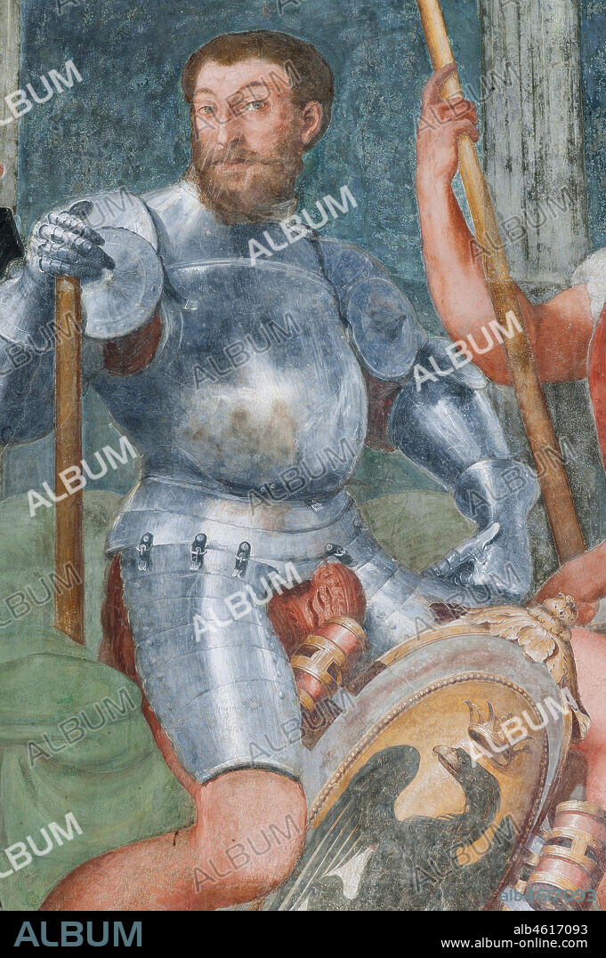 Genoa, Villa del Principe (Palazzo di Andrea Doria), the Loggia of the Heroes: Andrea Doria's ancestors . Detail of nobleman with armor and shield. Fresco by Perin del Vaga (Pietro Bonaccorsi), 1530 - 1533.