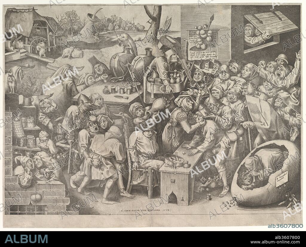 The Stone Operation or the Witch of Mallegem. Artist: Pieter van der Heyden (Netherlandish, ca. 1525-1569); After Pieter Bruegel the Elder (Netherlandish, Breda (?) ca. 1525-1569 Brussels). Dimensions: sheet (cut to plate line): 13 15/16 x 18 3/4 in. (35.4 x 47.6 cm). Publisher: Hieronymus Cock (Netherlandish, Antwerp ca. 1510-1570 Antwerp). Date: 1559.