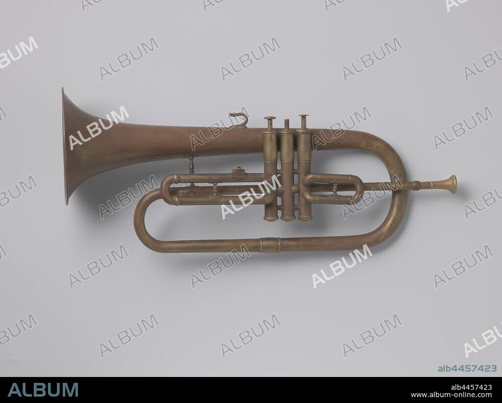 Bugle, Bugel in B. Three Perinet valves, numbered 1, 2 and 3, that lower the fundamental tone by 1, 1/2 and 1 and 1/2 tone, respectively. With holder for music stand and support hook for the little finger of the right hand. An oval stamp on the cup: 'E. P. van Osch / Brevete / Maastricht '. Immediately near the cup rim the following was taken: '4.R.I.1868' (4th REGIMENT INFANTERIE 1868)., Egidius Petrus van Osch, after 1855 - before 1868, copper (metal), h 49.7 cm × w 20.0 cm d 15.0 cm.
