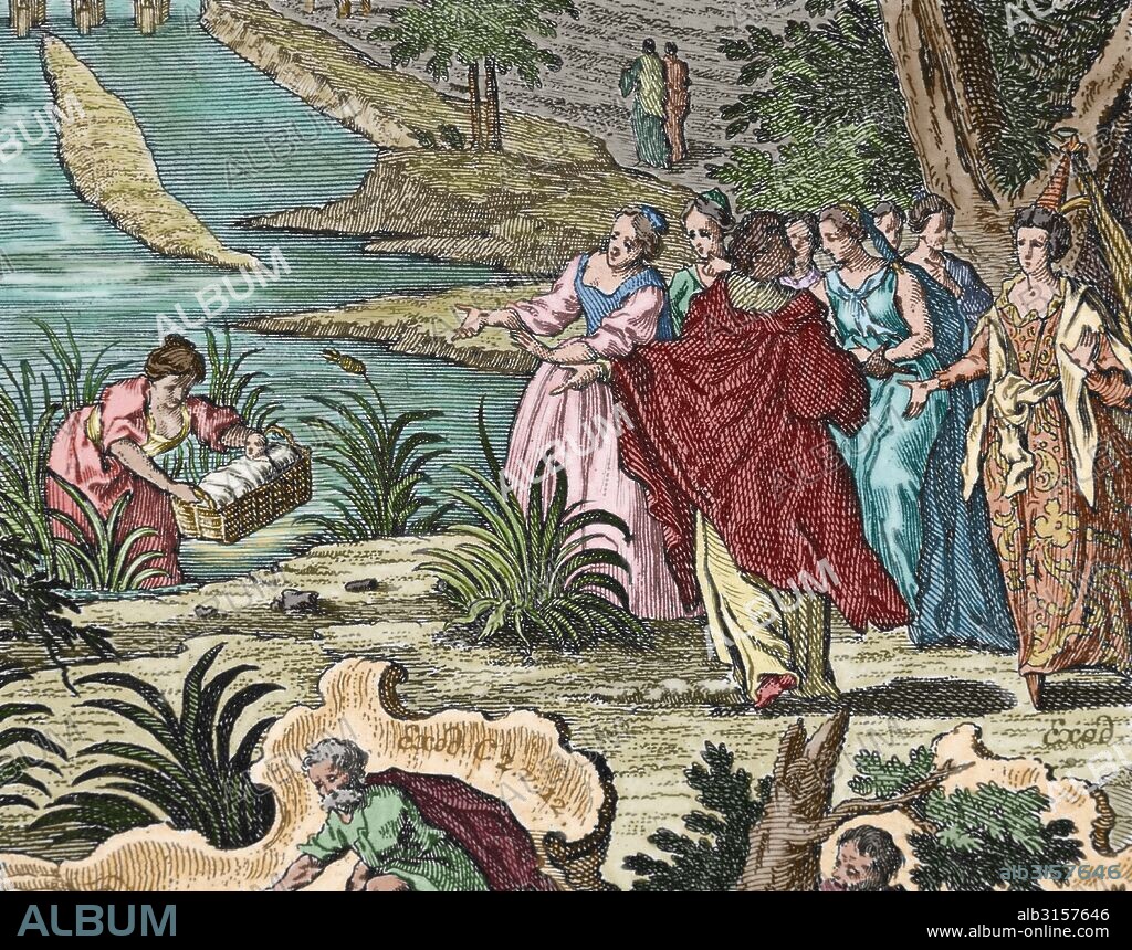 "MOISES ES RESCATADO DE LAS AGUAS DEL RIO POR LA HIJA DEL FARAON DE EGIPTO". Exodo, capítulo 2, versículo 5. Grabado coloreado.