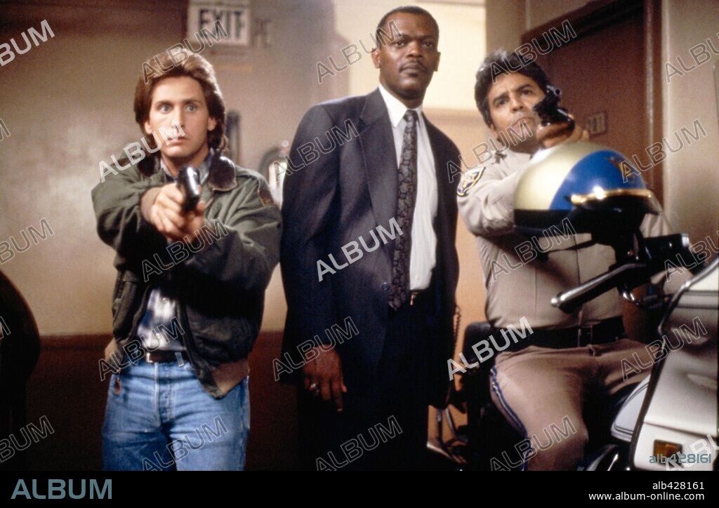 EMILIO ESTEVEZ, ERIK ESTRADA and SAMUEL L. JACKSON in LOADED WEAPON 1, 1993. Copyright NEW LINE CINEMA.