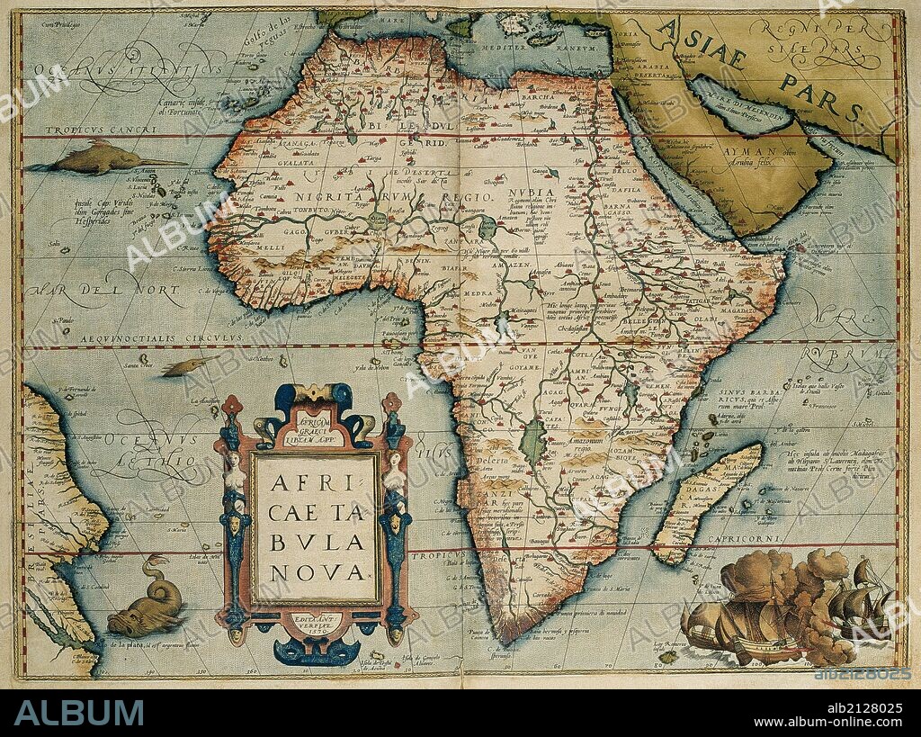MAPA DEL CONTINENTE AFRICANO. Obra de Abraham ORTELIUS, editor del atlas "Teatrum Orbis Terrarum". Primera edición de Amberes del año 1574. Biblioteca de Cataluña. Barcelona. Cataluña.