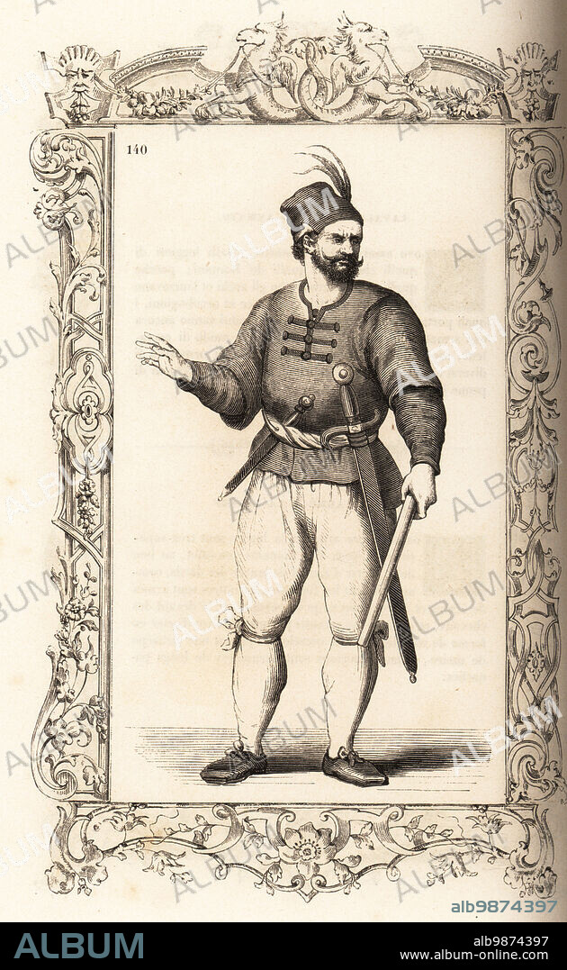 Sailor on a Venetian galley, 16th century. He wears a red bonnet with plume, collarless buricchietto jacket, culottes and shoes. Galley marines were mostly Greeks or Slavs. Within a decorative frame engraved by H. Catenacci and Fellmann. Woodblock engraving by Gerard Seguin and E.F. Huyot after a woodcut by Christoph Krieger from Cesare Vecellios 16th century Costumes anciens et modernes, Habiti antichi et moderni di tutto il mondo, Firman Didot Ferris Fils, Paris, 1859-1860.