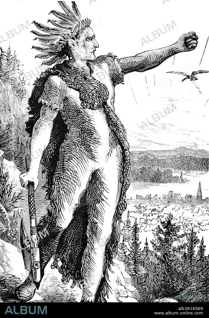 Image taken from page 8 of "Famous American Indians. Red Eagle and the wars with the Creek Indians of Alabama" by George Cary Eggleston, 1878. Red Eagle or William Weatherford (1780 or 1781 - March 24, 1824) was a Creek chief. One of many mixed-race descendants of Southeast Indians who intermarried with European traders and later colonial settlers, Red Eagle was of mixed Creek, French and Scots ancestry. He was raised as a Creek in the matrilineal nation and achieved his power in it, through his mother's prominent Wind Clan, as well as his father's trading connections. After showing his skill as a warrior, he was given the war name of Hopnicafutsahia. The Creek War (1813-1814), also known as the Red Stick War and the Creek Civil War, was a regional war between opposing Creek factions, European empires, and the United States, taking place largely in Alabama and along the Gulf Coast. The major conflicts of the war took place between state militias and the "Red Stick" Creeks. At the Battle of Horseshoe Bend General Andrew Jackson defeated the Red Sticks, effectively ending the Creek War. Red Eagle and some other 200 Red Sticks escaped, but turned himself in. Jackson spared his life and Red Eagle helped engineer a new peace through a new treaty, which although permanently reducing Creek territory, was lenient in allowing them to retain most of their homes. After the war, he rebuilt his wealth as a slaveholding planter in lower Monroe County, Alabama where he died in 1824.
