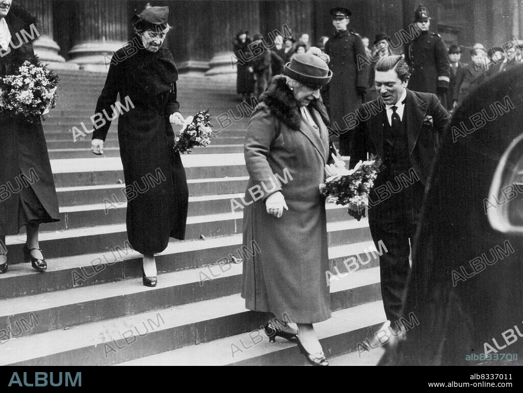 Distribution of Maundy Money At St. Paul's -- Princess Marie Louise (right) and Princess Helena Victoria leaving after the ceremony. The first coins to bear the head of King George VI were specially struck for the Maundy Thursday service held to-day at St. Paul's Cathedral, London. The silver penny, two penny, three penny, and four penny pieces are given to as many old men and women as the King has years of age - 42. March 25, 1937. (Photo by Topical Press).